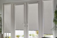 grey perfect fit blinds on french doors in living room