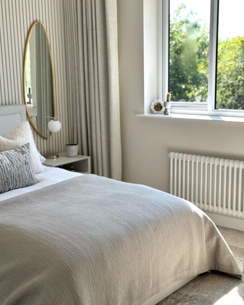 cream boucle curtains in cream themed bedroom