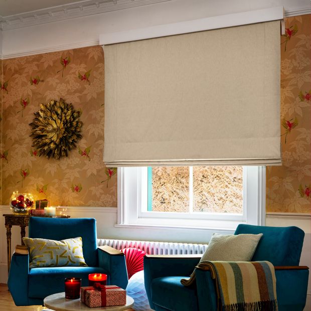harper almond roman blinds in autumnal themed living room
