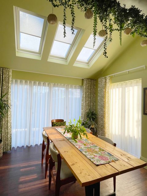 Wirl kiwi curtains on patio doors with white skylight roller blinds and echo white sheer curtains in sage green dining area