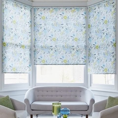 Light Living Room with Floral Betsy Blue Roller Blinds 
