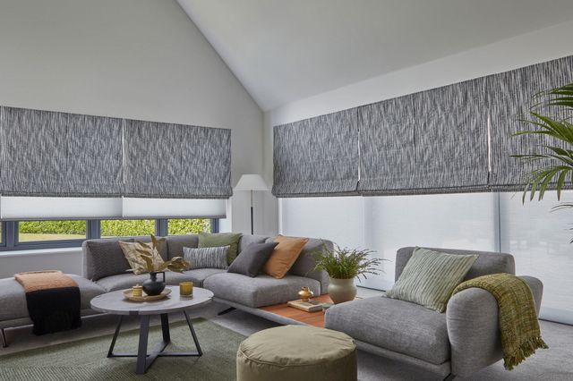 Hillarys Motorised Roman Blinds Azalea nightshadow in the living room