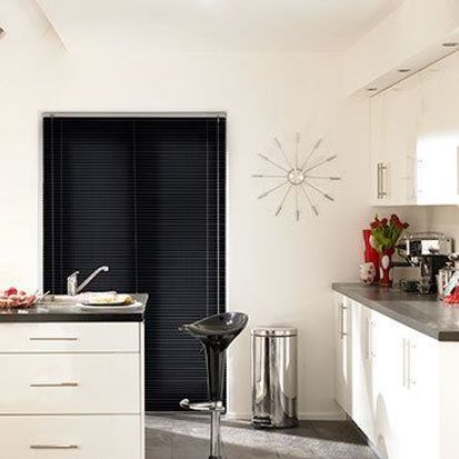 Sheer Luxury Filtra Black Venetian blinds in a modern kitchen