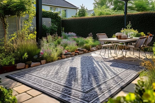 Garden with dark grey pergola over patio covered in an outdoor rug in a traditional Turkish style.