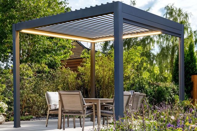 Exterior of a modern house, with a large paved patio down to a lawn with small inset flower beds at random points in the patio and a freestanding grey pergola with louvred roof over four chairs and a table,