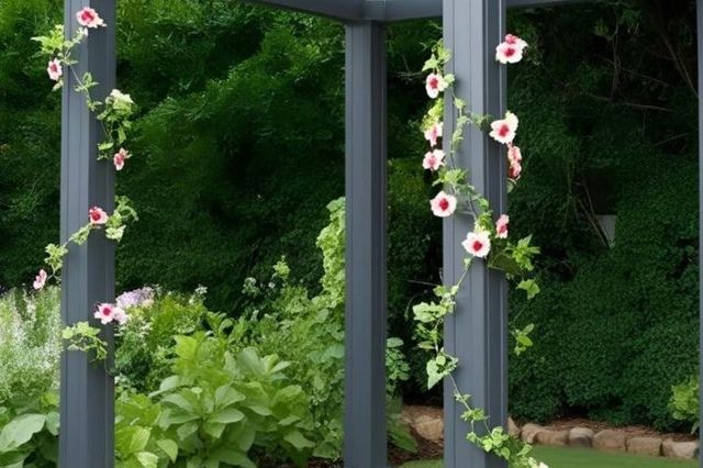 Close in on white flowers with dusky pink centres climbing up a dark grey pergola post with surrounding foliage.