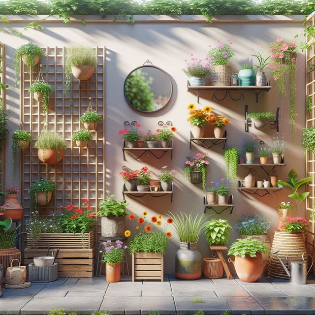 Garden wall in pale terracotta with vertical gardening of square trellis, numerous small shelves, full of pots with flowering, non-flowering and trailing shrubs and plants, assorted plant pots and plants on paved patio.