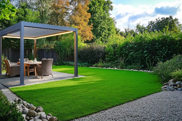 Garden exterior with paved patio surrounded by a lawn and on the patio a freestanding grey pergola with fabric roof over four chairs and a table.