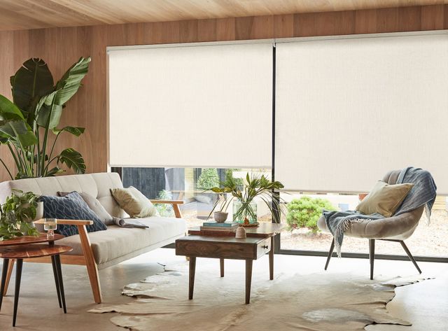 Living room with wall cladding in mid wood tones, large window and patio doors dressed in pale dove grey roller blinds, lowered roughly halfway, cream and wood couch, cream chair with throw, cushions in natural tones, large animal-skin rug in neutral hues, small wooden coffee table, in centre, floor to ceiling leafy plant in rear corner.