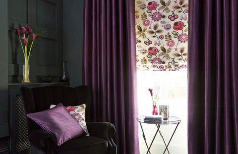 Bohemia Damson Roman blidn with Bardot Deep Purple curtains living room