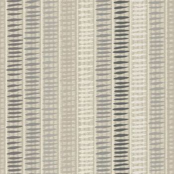 Vertically striped fabric with a repeating dash design in grey, black and white